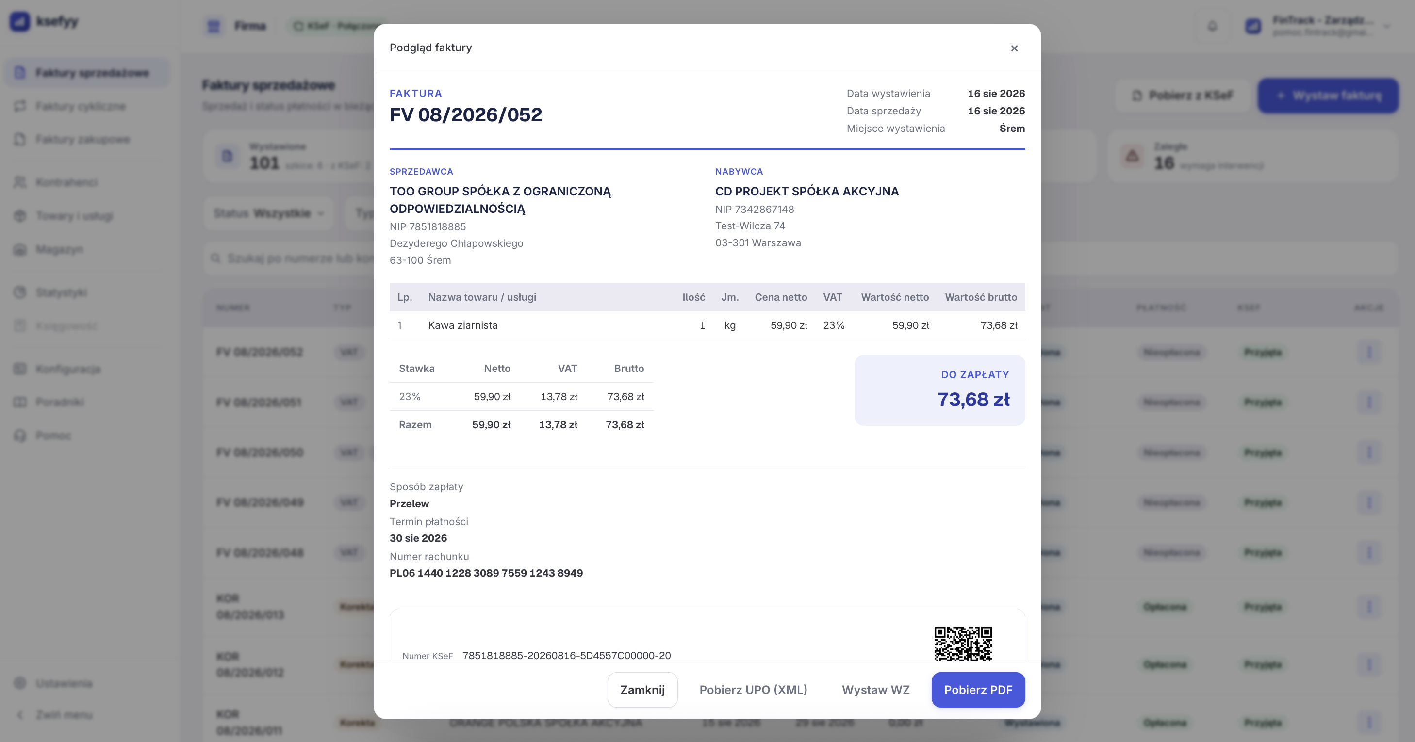 Podgląd faktury z numerem KSeF, kodem QR i potwierdzeniem UPO